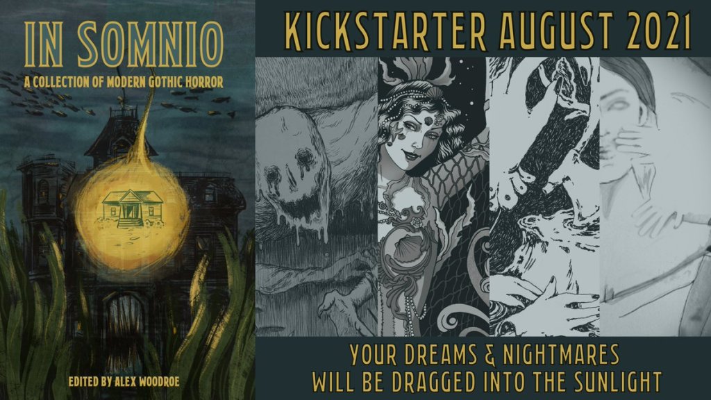 Cover and interior art of IN SOMIO, showing an anglerfish haunted house with a light lure of a normal house: a dripping mud monster, an underwater art nouveau style woman, diembodied hands and an axe, a woman appearing to disappear